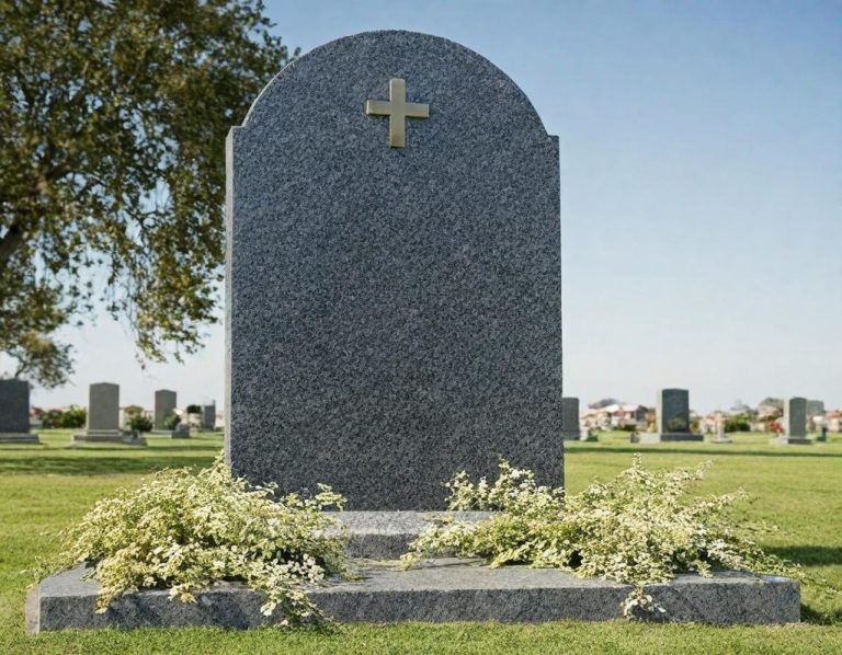 Grabsteine und -Grabmäler Graues Grabmal mit Kreuz, umgeben von Gräsern und Blumen auf einer Wiese.