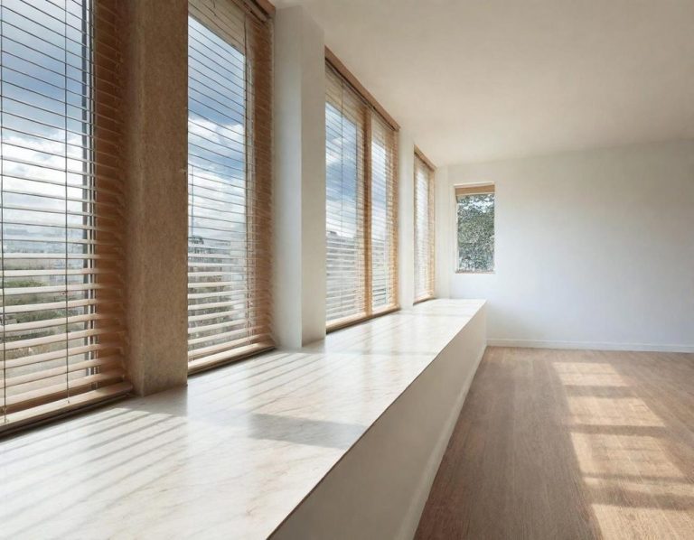 Fensterbänke für innen & außen Heller Raum mit großen Fenstern, Holzjalousien und einem breiten Fenstersims aus Naturstein